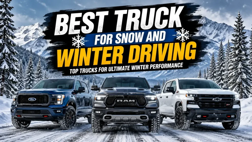 Best truck for snow and winter driving featuring rugged 4x4 pickup trucks on a snowy mountain road with winter landscape