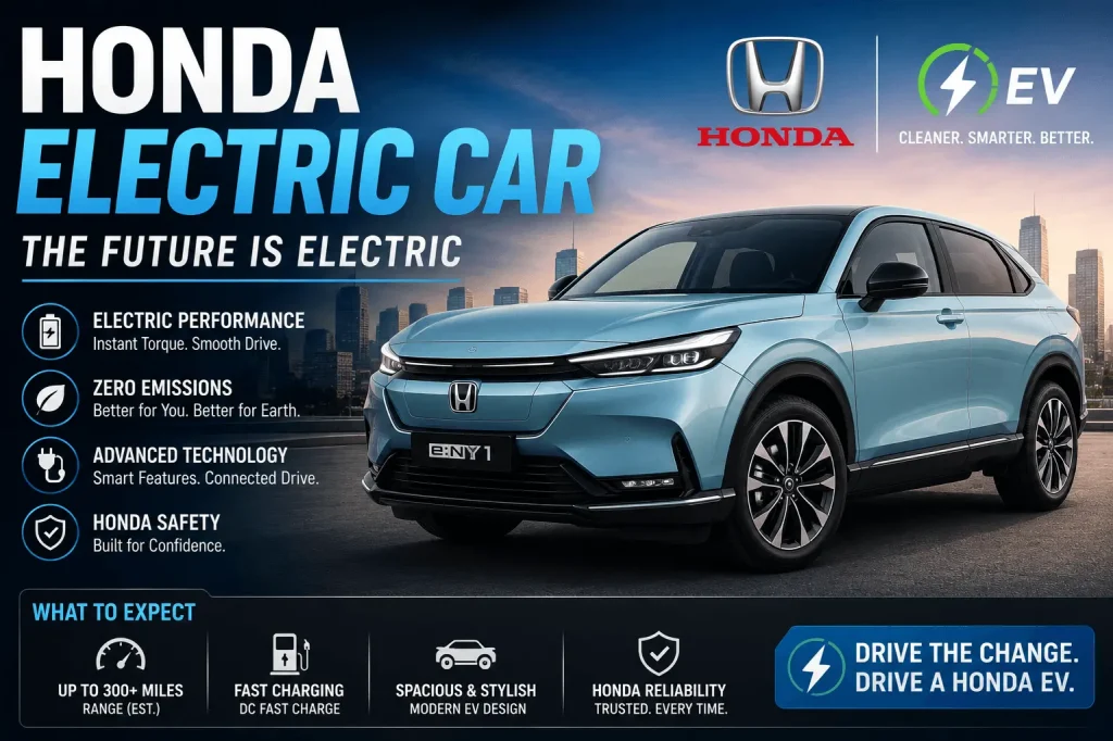 Honda electric car 2026 with modern EV design, advanced technology, fast charging, and zero-emission driving.