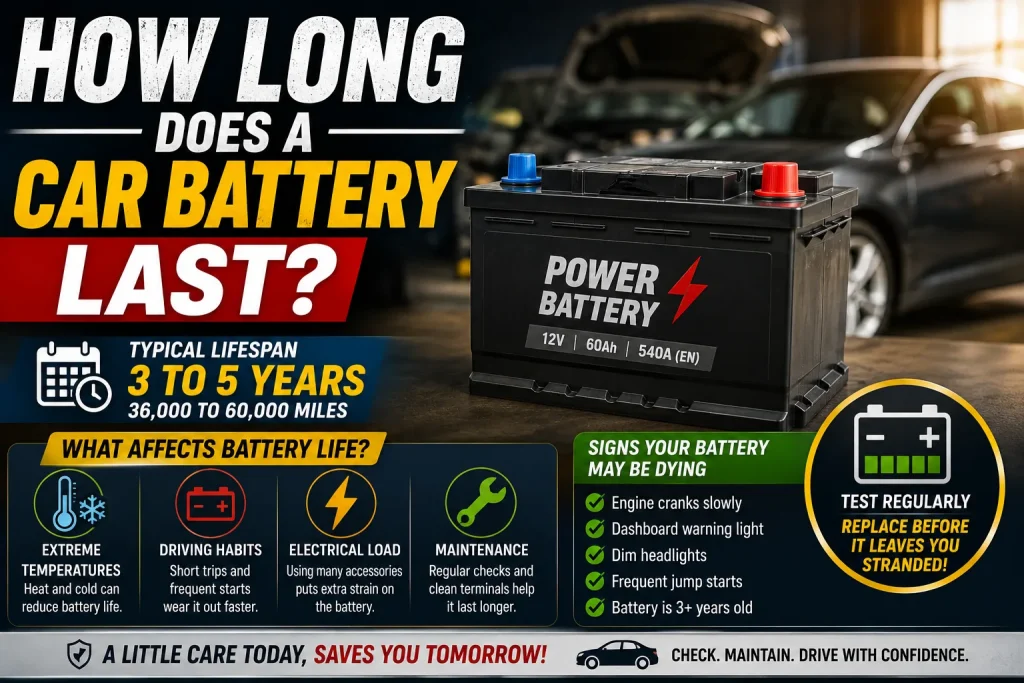 Infographic showing how long does a car battery last, with typical lifespan of 3 to 5 years, warning signs of a dying battery and factors like temperature and driving habits that affect battery life