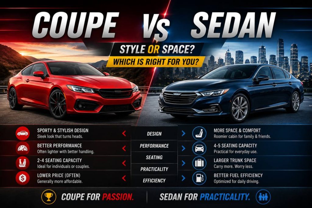 Coupe vs sedan comparison infographic showing sporty red coupe and practical blue sedan